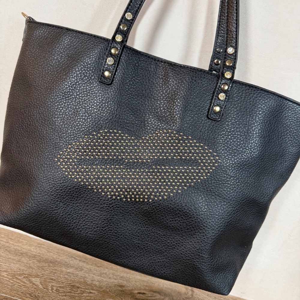 Black Faux Leather Tote Bag Gold Studded Lips Rhinestone Glam Shoulder Purse